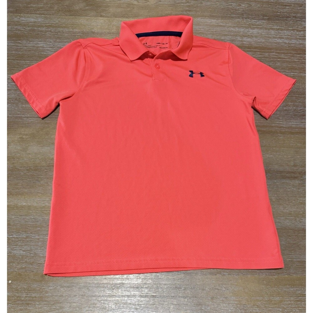 Under Armour Boys Polo Shirt Youth Medium Loose Orange Heatgear Performance Golf